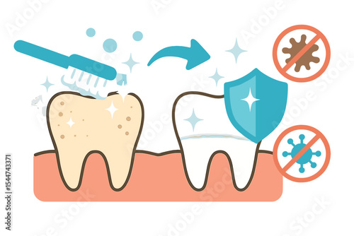 Vector illustration depicting the teeth whitening process, including cleaning and safeguarding against stains and bacteria