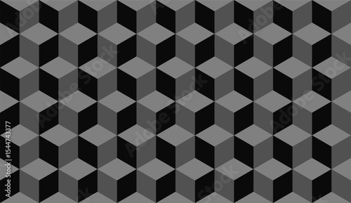 Gray 3d cube seamless isometric pattern background geometric texture. Dark gray 3d cube backdrop squares.