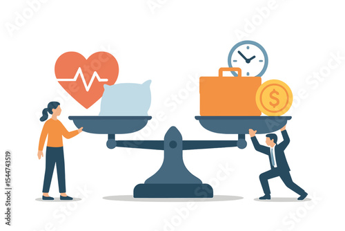 The concept of health and work is often weighed on scales, where individuals strive to balance their job, finances, and sleep