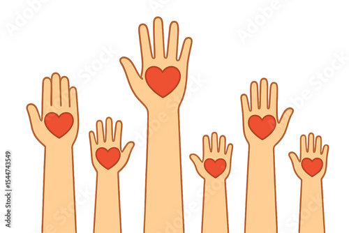 The concept of charity, volunteering, and donating is represented by raised human hands with red hearts, along with children's hands holding heart symbols