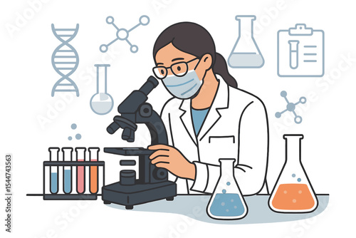 A research scientist works in a science laboratory with chemistry scientists and a clinical lab, conducting medical research and experiments in clinical science laboratories, including DNA and