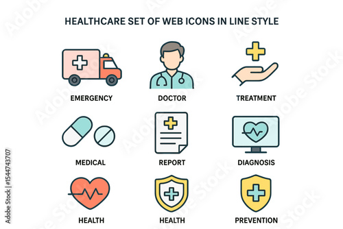A set of web icons related to healthcare is available in line style, encompassing various aspects of medicine and health care, including emergency, doctor, treatment, and more, all in a linear icon