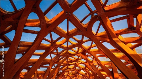 Wallpaper Mural Intricate wooden lattice structure, looking up at a network of orange-toned beams against a clear blue sky Torontodigital.ca