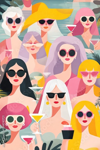 This colorful illustration features diverse women with various hairstyles and outfits, all wearing sunglasses. They are surrounded by lush greenery and tropical drinks, evoking a fun summer vibe.
