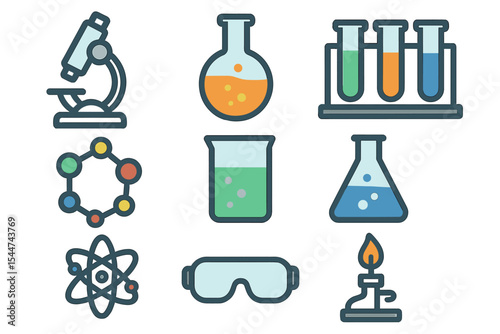 Chemistry icon vector illustration set against a white background, featuring science laboratory icons