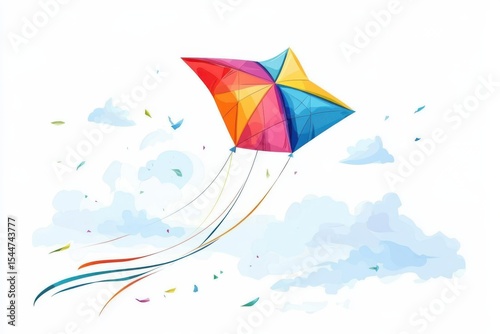 A vibrant kite soars embodying freedom and joy against a dreamy watercolor sky in white background. Generative Ai