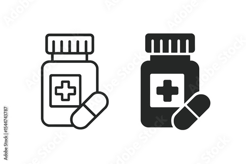 Icon for medical pills bottle, available in line and glyph versions, including outline and filled vector signs, representing medicine capsules in linear and full pictogram styles, as symbol or logo