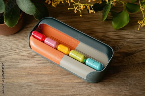 vibrant image of top view colorful medicine with pillbox on the table
