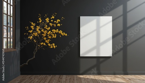 Blank Beige Canvas Blank Mockup on Gray Wall with Sunlight and Branch, 32k Resolution