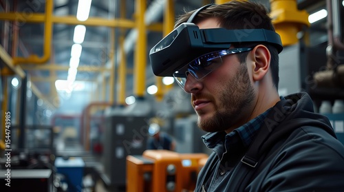 A worker in a dirty factory lifted his VR headset to work a little with regular protective transparent glasses.