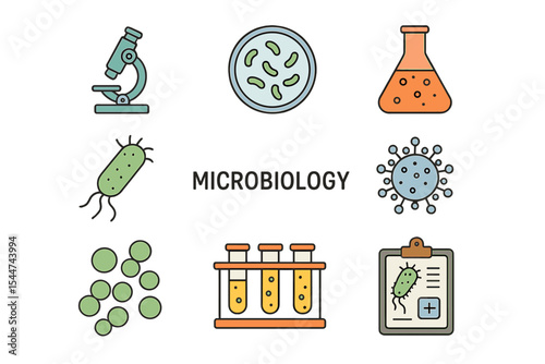 A collection of microbiology icons is presented in a thin linear style as part of an icon pack, created as a vector illustration