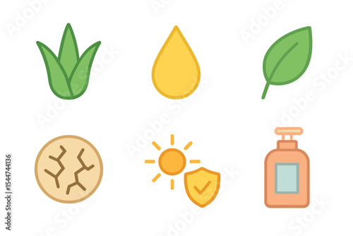 A collection of skin icons includes aloevera, oil, nature, sun protect, dry, and lotion