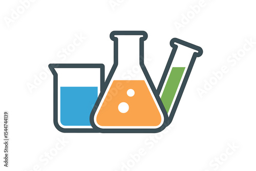 Vector icon for science apps and websites featuring chemistry beakers with Erlenmeyer flask and test tube holding chemicals in a flat design