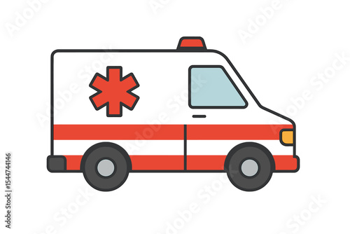 Vector illustration of an emergency car, specifically a red and white ambulance for medical services, set against a white background