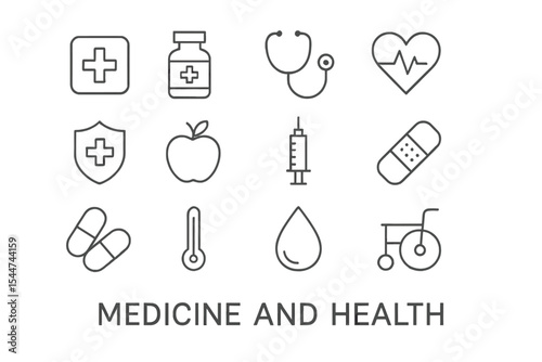 Minimal thin line web icons for Medicine and Health symbols are presented in a simple vector illustration set