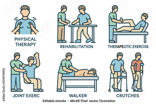 A set of vector line icons for physical therapy is available, including rehabilitation treatment, therapeutic, physiotherapy, and recuperation, with editable stroke and 48x48 pixel perfect resolution