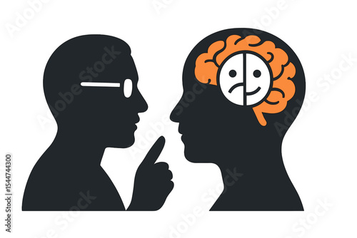 Vector illustration of two human heads in silhouette, representing brain mental health and psychotherapy for bipolar concept, featuring a therapist and patient with symbolic signs