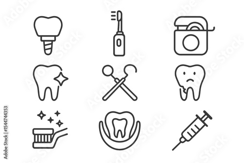 A collection of vector line icons related to dentistry is provided, including symbols for implants, electric toothbrushes, and floss, among others, with editable strokes and a 48x48 pixel perfect