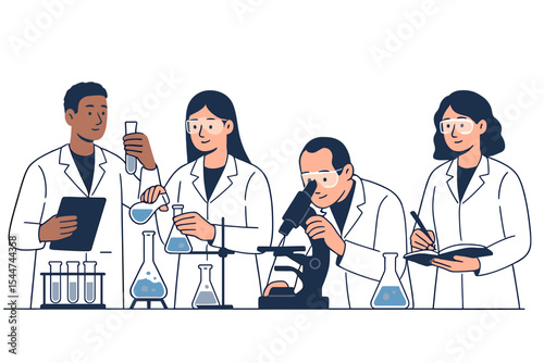 Illustrations for science research are available, featuring scientists conducting experiments in a lab setting, ideal for digital platforms