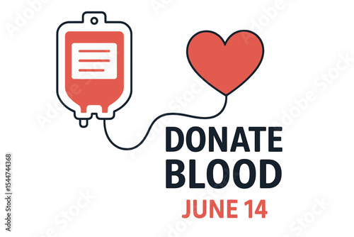 The concept of donating blood is represented by a blood bag and a heart in a vector illustration, symbolizing World Blood Donor Day on June