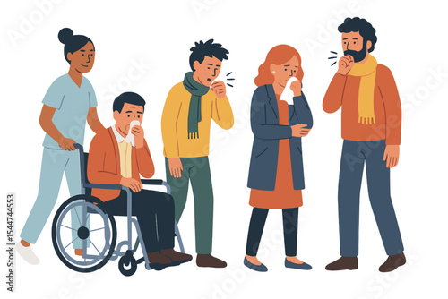 People with flu symptoms, including coughing, wait in line at a hospital doctor's office, where a nurse walks a patient in a wheelchair down the ambulatory hallway, as depicted in a trendy flat