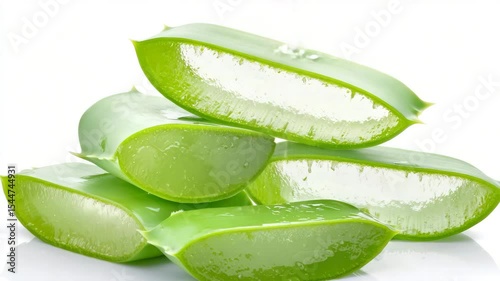 Wallpaper Mural Freshly cut aloe vera leaves with clear, glistening gel exposed on a white background. Torontodigital.ca