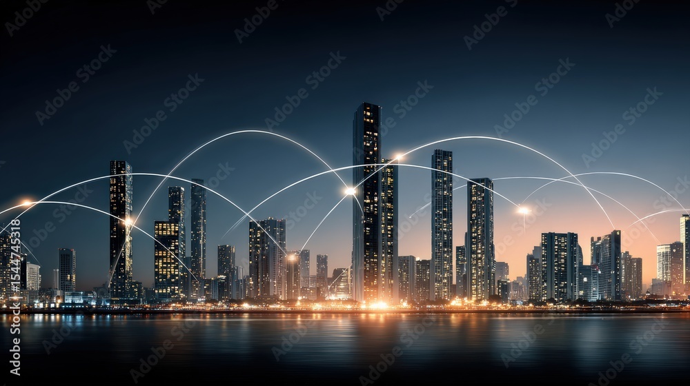 Fototapeta premium A futuristic city skyline at night with illuminated digital arcs symbolizing global connectivity over the water.