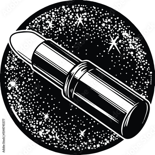 A vector illustration of black and red lipstick on a black background, with a shiny chrome bullet and gold pen nearby