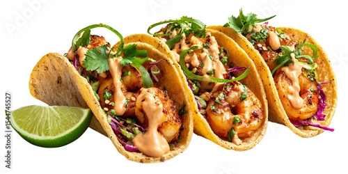 Delicious shrimp tacos with spicy sauce, cilantro, and lime Closeup of gourmet seafood tacos on a black background Concept of Mexican food, cuisine, and restaurant