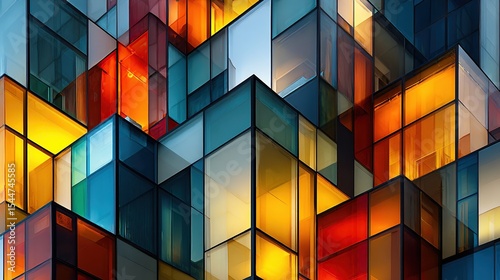 Abstract architectural facade, vibrant colored glass cubes