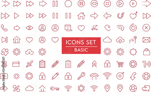Essential Icon Set: Basic Red Outline Icons for Modern Design and User Interfaces