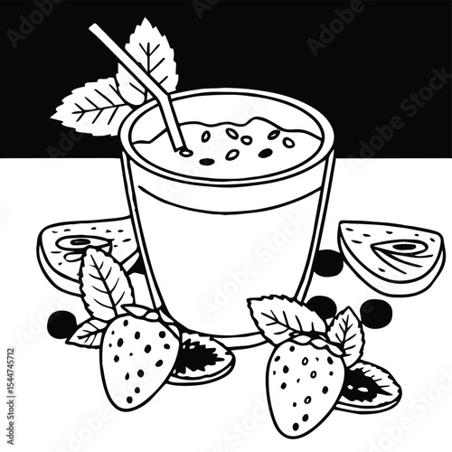 A refreshing vector illustration of a cold milk and fruit drink in a glass with a straw