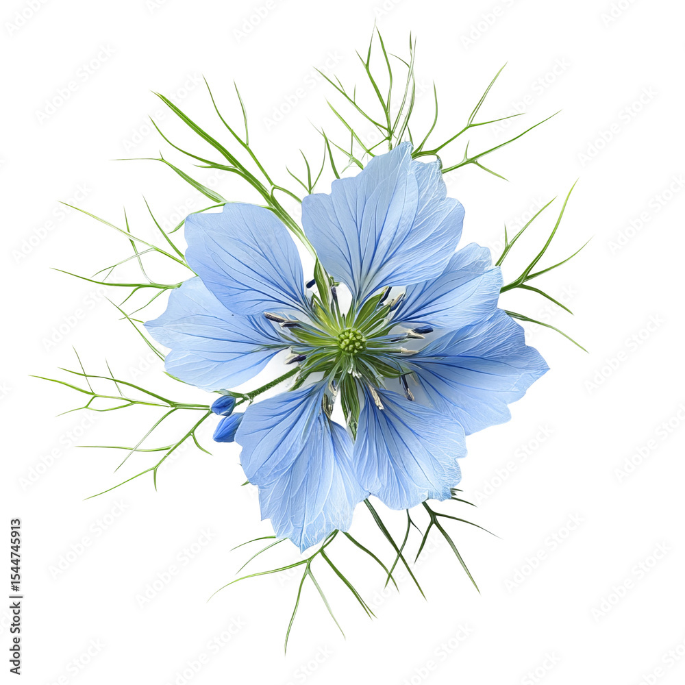 Obraz premium Exquisite Nigella Flower: A top-down shot captures the delicate beauty of a vibrant blue Nigella flower, surrounded by elegant green foliage, showcasing nature's artistry in full bloom.