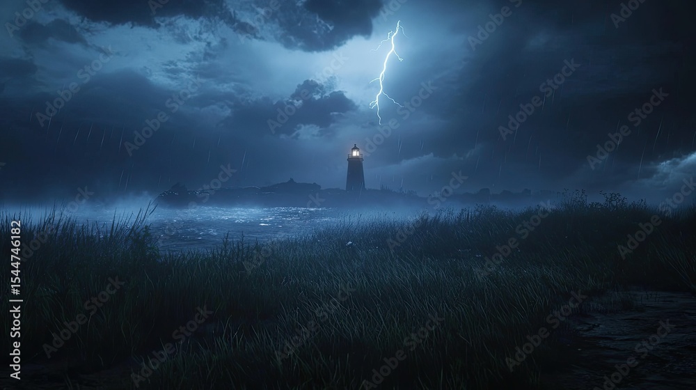 Fototapeta premium Dramatic Lightning Strikes Over a Lighthouse in a Stormy Night Sky with Dark Clouds and Pouring Rain on a Coastal Landscape
