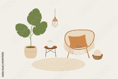 Cozy Boho Living Room Design with Rattan Chair, Floor Cushion & Macramé Wall Hanging