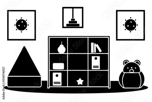 Vibrant Kids Playroom Vector: Colorful Shelves, Beanbag Chair, Soft Toys & Educational Posters