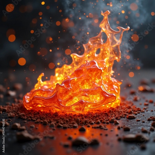 Brilliant orange flames flicker and swirl above a dark surface, surrounded by glowing embers and fine particles, evoking an intense atmosphere of warmth and energy Generative AI