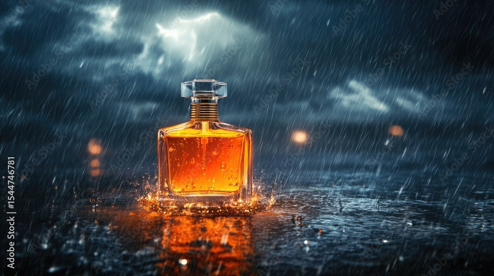 Elegant perfume bottle with amber liquid surrounded by rain and dark stormy clouds, creating a dramatic and captivating atmosphere in a photo Elegant perfume bottle with amber liquid surrounded by rain and dark stormy clouds, creating a dramatic and captivating atmosphere in a photo