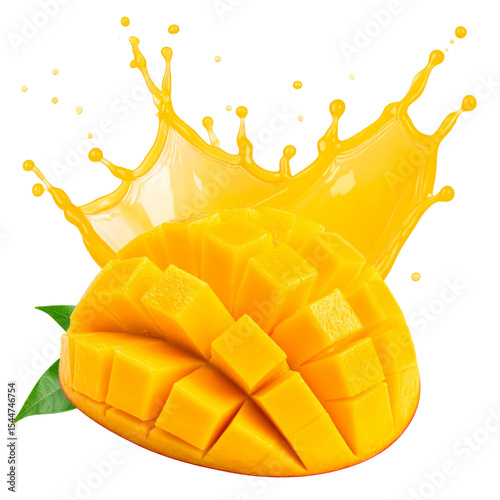 Mango split with a splash of mango juice isolated on transparent background