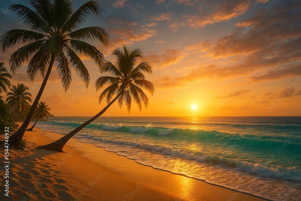 Fototapeta premium Tropical beach at sunset, palm trees, turquoise waves, golden sand, hyper-realistic
