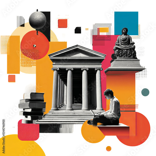 Knowledge Synthesis: A young person sits engrossed in their studies before a classical temple, surrounded by symbolic imagery of learning, philosophy and spirituality.