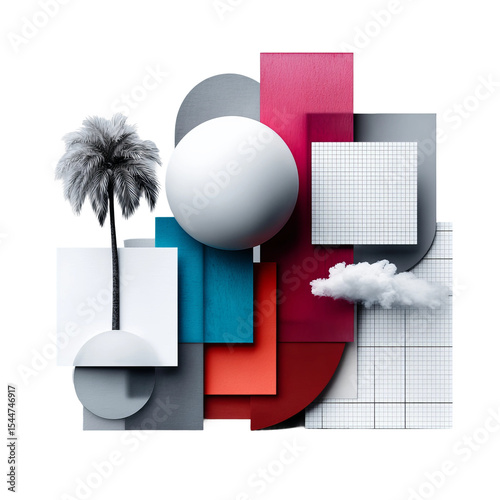 Geometric Composition: A visually striking digital composition, this image presents an intriguing array of geometric shapes and textures, including a stylized palm tree and a whimsical cloud.