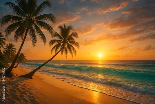 Tropical beach at sunset, palm trees, turquoise waves, golden sand, hyper-realistic