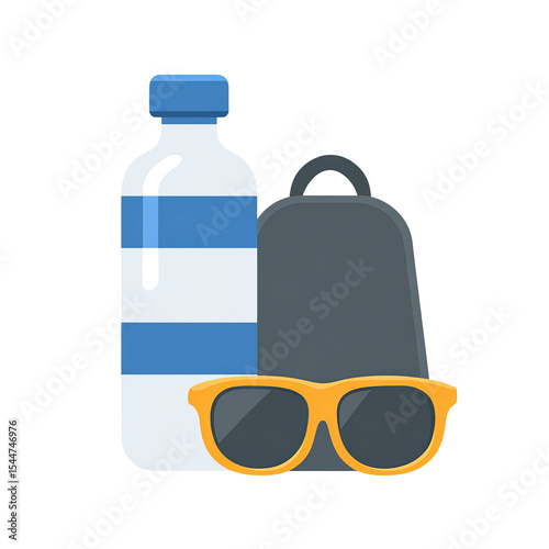 Travel Essentials Flat Lay: Sunglasses, water bottle, and backpack in a flat lay, suggesting preparation for a journey or adventure.