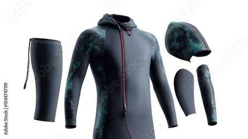 Dive Suit Composition: A detailed studio shot reveals the elements of a futuristic dive suit. The suit features sleek design with a sophisticated color scheme and innovative components.