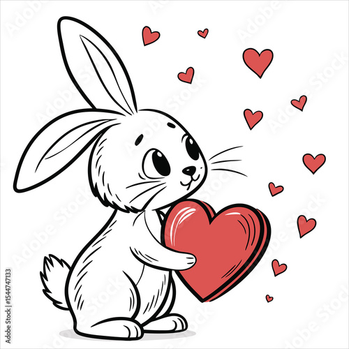 Cute Bunny Holding Heart with Love Symbols, Valentine's Day Cartoon Illustration