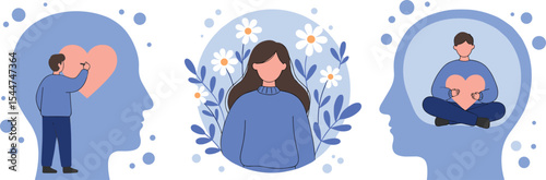 Mental health illustration showing self-love, emotional wellness, mindfulness, inner peace, positive mindset, personal growth, psychological care, cartoon flat style.