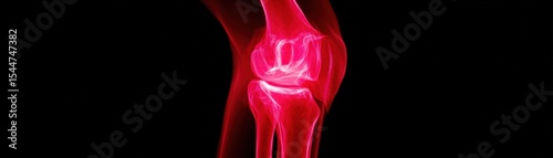 A glowing red X-ray image of a human knee joint highlighting bones and connective tissue against a black background.
