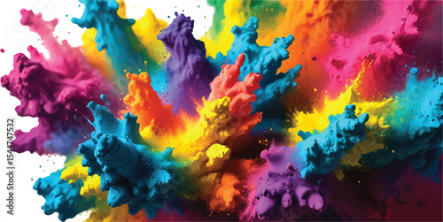 Colorful holi powder on white background. Colorful vibrant rainbow holi paint color powder explosion with bright colors isolated white background. colorful mixed rainbow powder explosion,
