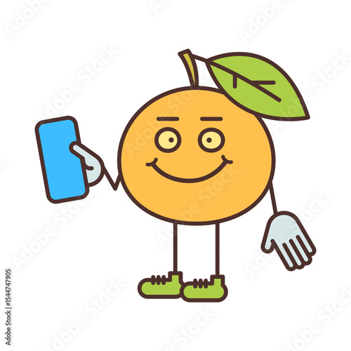 Orange character half turn holding smartphone and smiling